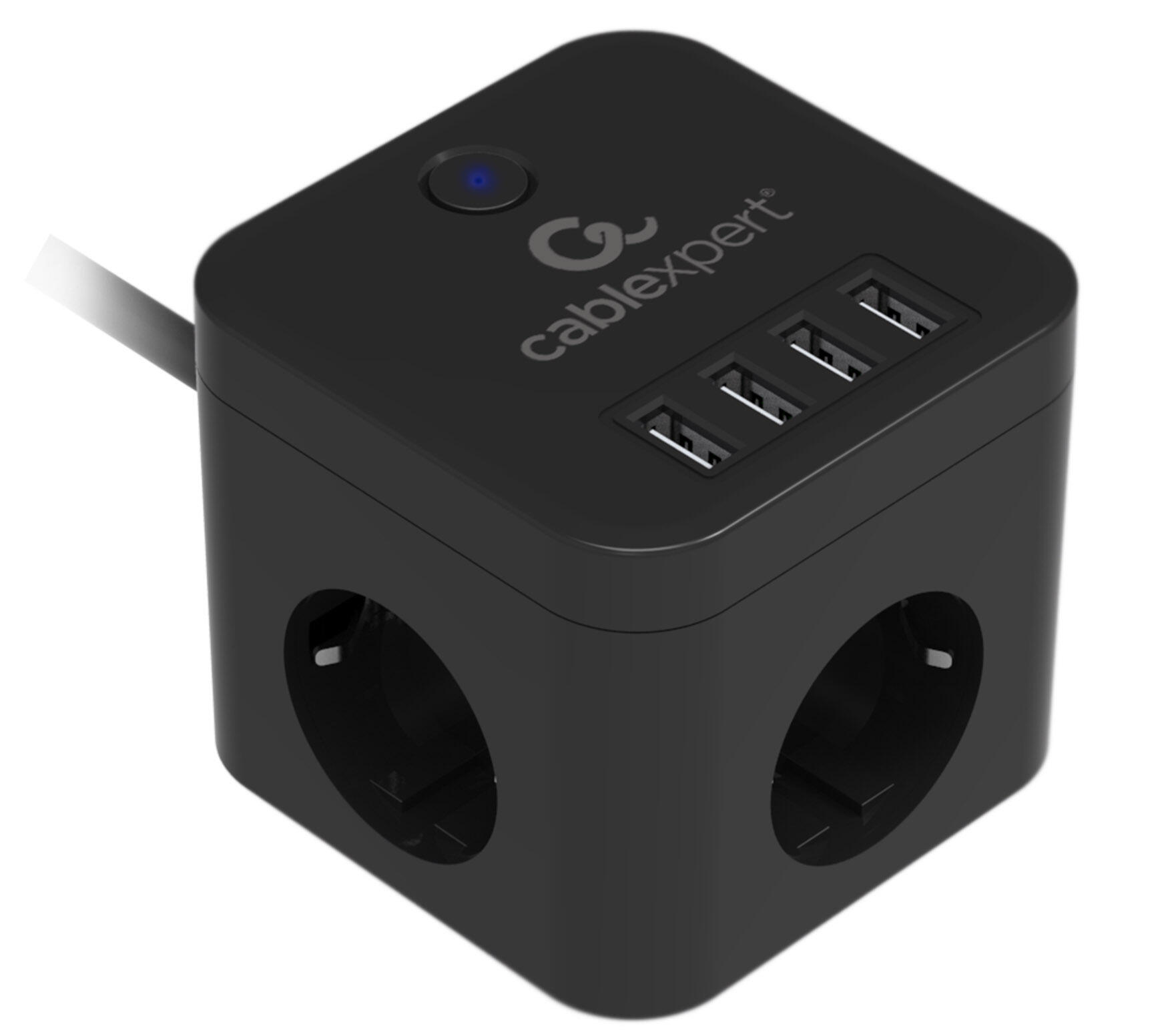 Сетевой фильтр Cablexpert CUBE-3-U4-B-1.5 Cube, 3р, 10А, 4хUSB, 1.5м, ур.защиты 4+, черный