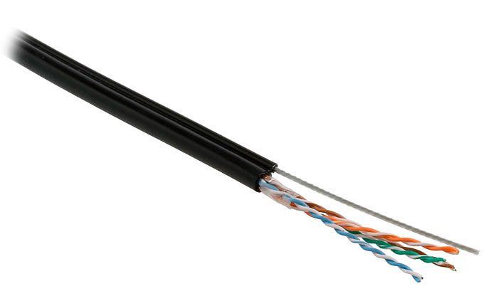 Кабель витая пара U/UTP 5e кат. 4 пары Cabeus UTP-4P-Cat.5e-SOLID-ST-OUT 24AWG(0.50 мм), медь, одножильный (solid), внешний, с троссом, PE, чёрный, уп