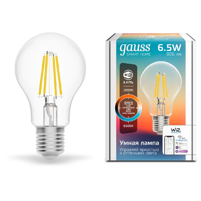 Лампы светодиодные Лампа светодиодная Gauss 1220112 филаментная Smart Home DIM+CCT E27 A60 6,5Вт 2000-6500 К 660...806 лм