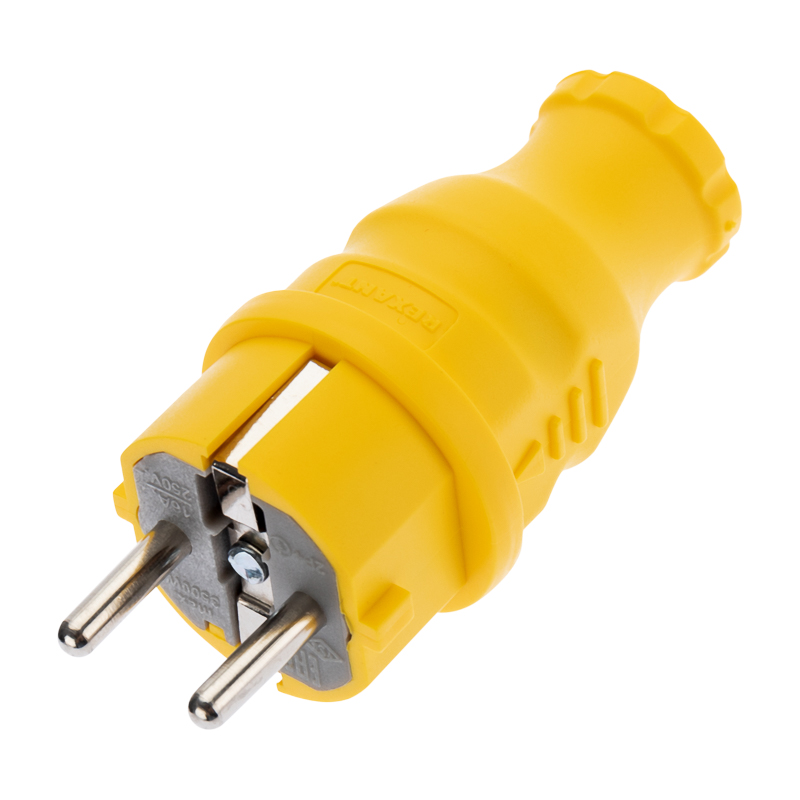 Вилка Rexant 111-014 прямая влагозащищенная, c/з, 16А. IP44, каучук желтая
