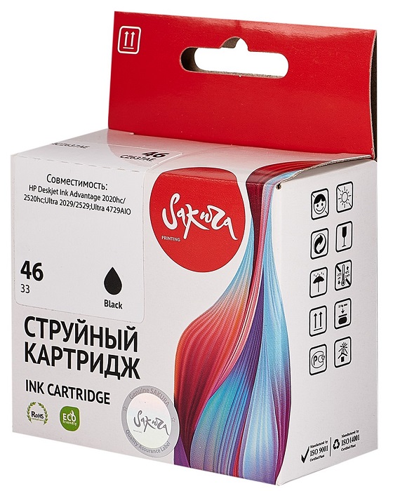 Картридж струйный Sakura CZ637AE (№46 Black) для HP Deskjet Ink Advantage 2020hc/2520hc, Ultra 2029/2529, Ultra 4729AIO, пигментный тип чернил, черный