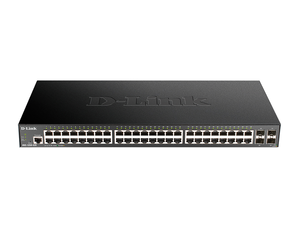 Коммутатор управляемый D-link DGS-1250-52X/A1A 48x 10/100/1000Base-T, 4x 10GBase-X SFP+, L2 Smart, 19”