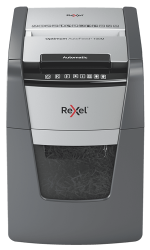 Уничтожитель бумаг Rexel Optimum Auto+ 100M секр.4/P-5, фрагменты 2x15мм/100л/34лтр., скрепки/скобы/плкарты