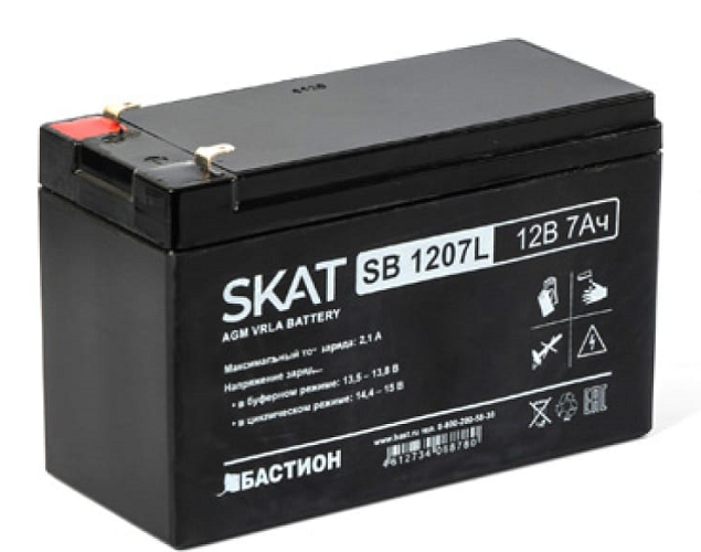 Источник бесперебойного питания Бастион Р SKAT SB 1207L яда 2,1 А. Тип клеммы — F1 нож. Размер корпуса — 66х151х100. Вес — 1,6 кг. Срок службы — 6 ле