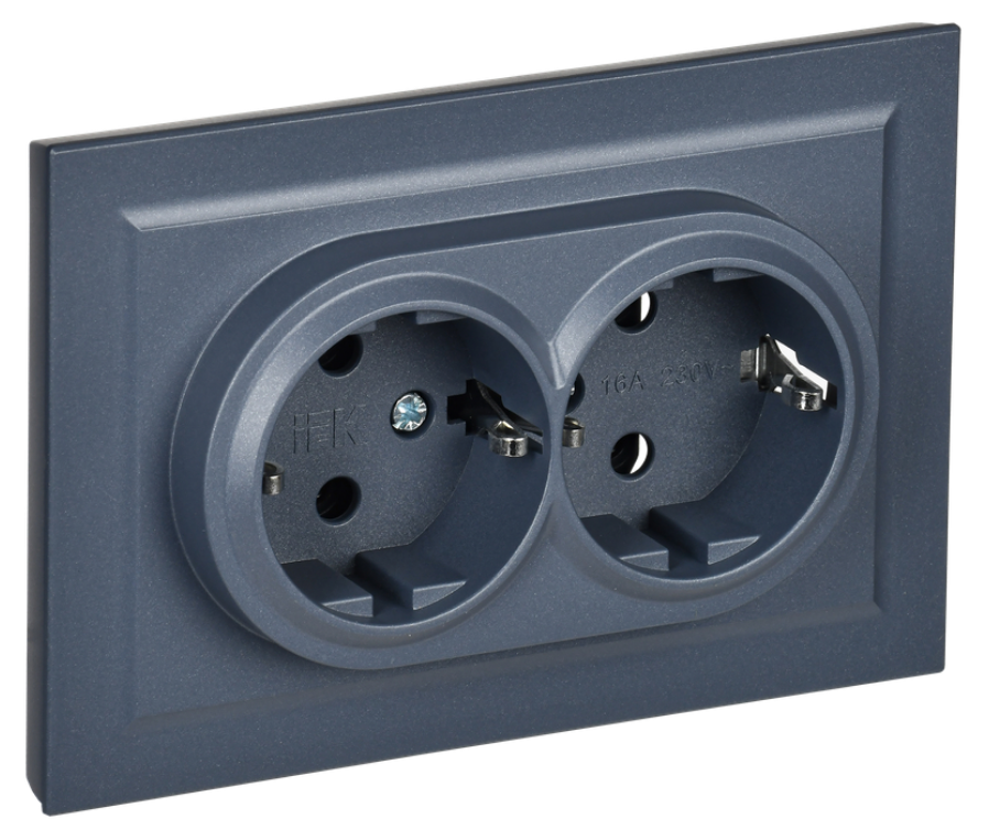 Розетка двухместная с заземлением в сборе IEK BR-R24-16-K35-F BRITE с защитными шторками 16А РСш12-3-БрМ Маренго