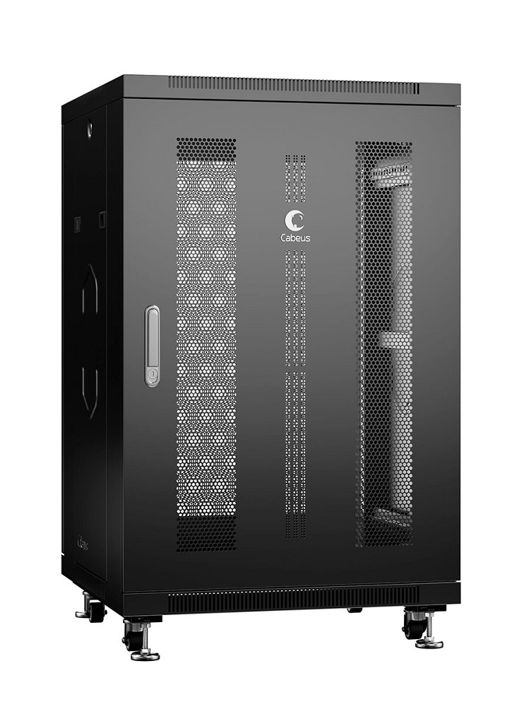 Шкаф напольный 19, 18U Cabeus ND-05C-18U60/80-BK телекоммуникационный 600x800x988mm (ШхГхВ) передняя и задняя перфорированные двери, ручка с замком,