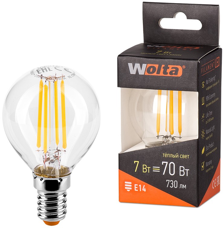 Лампа светодиодная WOLTA 25Y45GLFT7E14 FILAMENT 7Вт 3000K Е14