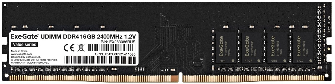 Модуль памяти DDR4 16GB Exegate Value EX283086RUS 2400MHz PC4-19200 CL17 1.2V