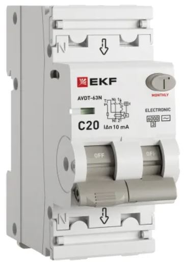 Автомат дифференциальный EKF D63N26E20C10 АВДТ-63N 1P+N 20А (C) 10мА (AC) эл 6кА PROXIMA