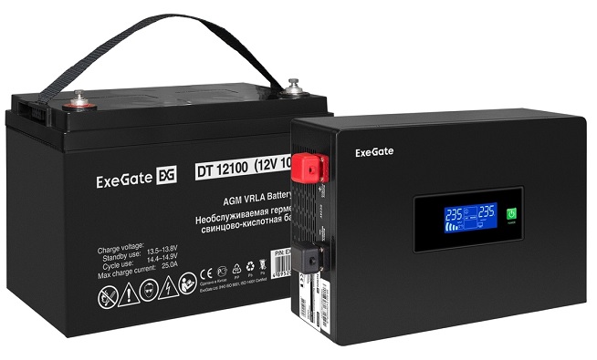 Комплект Exegate IdealSine SR-1000.LCD.2SH EX297418RUS ИБП EX295993RUS + батарея 100Aч EX282985RUS 1шт (инвертор, синус, для котла, PF=1, настенный) 1