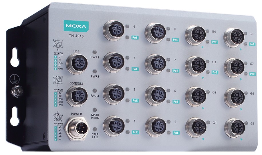 Коммутатор управляемый MOXA TN-4916-ETBN-F-8PoE-4GPoE-4GTXBP-WV-CT-T 16 port ETBN firewall router includes 8*GE with 4PoE, and 8*FE with 8PoE, 24 to 1