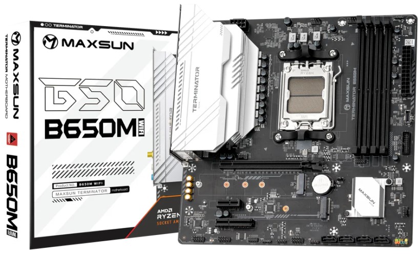 Материнская плата mATX MAXSUN MS-Terminator B650M WIFI6 (AM5, AMD B650, 4*DDR5, 4*SATA 3.0, 2*M.2, WiFi, BT, USB 3.2, USB 2.0, USB Type-C, PCIe, HDMI,