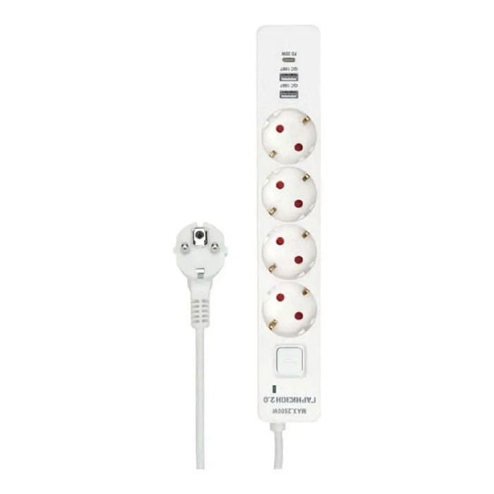 Сетевой фильтр Гарнизон EPS-OP-4-CU2-W-2 2.0 Мультипорт 4р, 10А, 1xType-C PD, 2хUSB QC, 2м, ур.защиты 4+, белый, пак