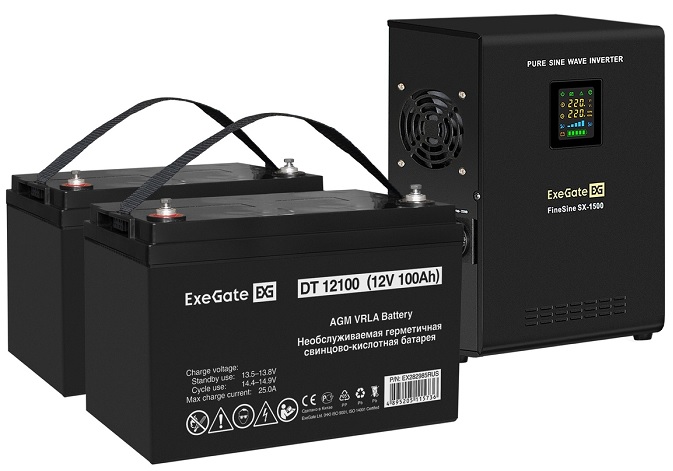 Комплект Exegate FineSine SX-1500.LCD.AVR.2SH EX296577RUS ИБП EX295998RUS + батарея 100Aч EX282985RUS 2шт (инвертор, синус, для котла, настенный) 1500