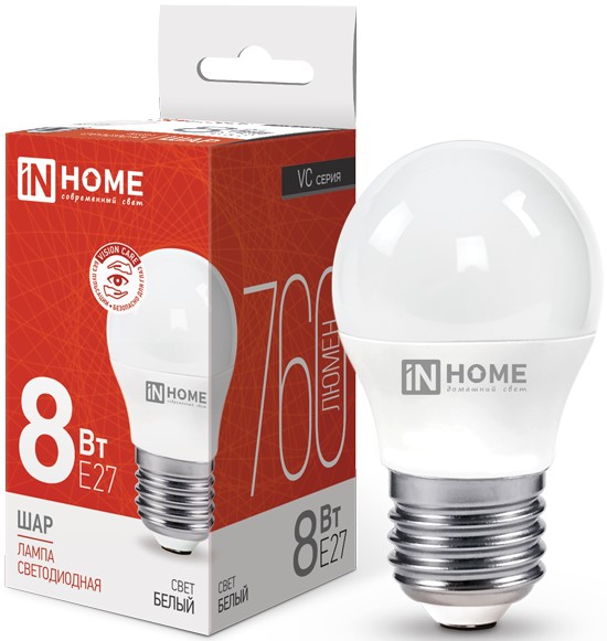 Лампа светодиодная IN HOME 4690612020570 LED-ШАР-VC 8Вт шар 4000К нейтральный, белый E27 760лм