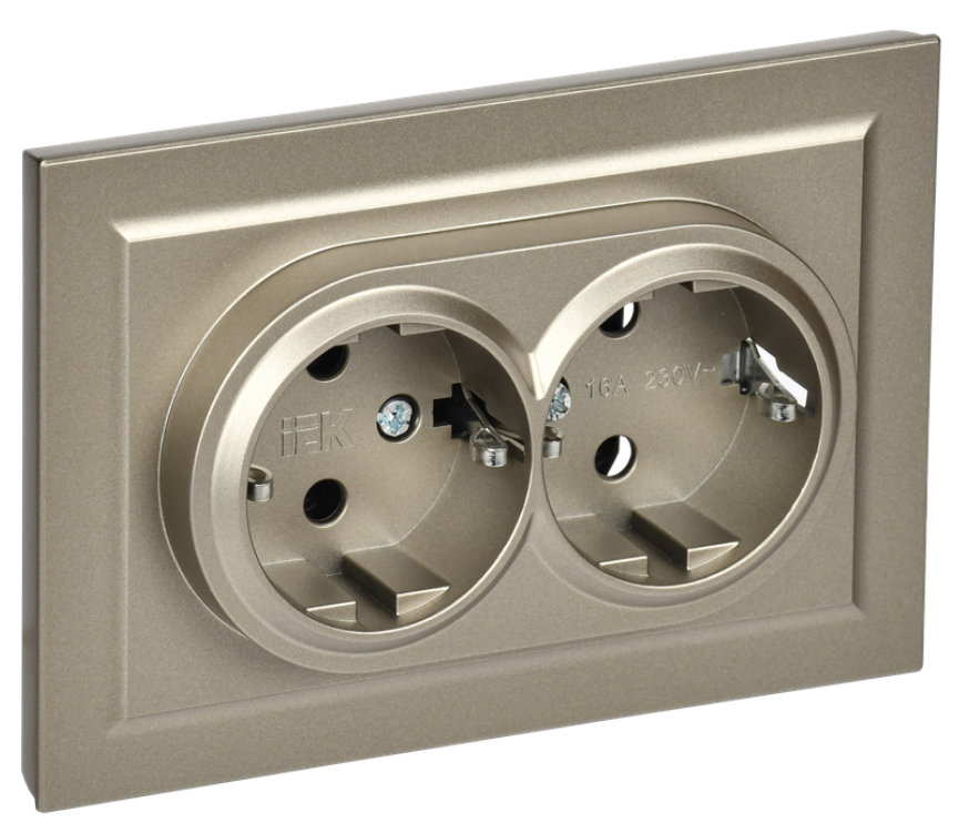 Розетка двухместная с заземлением в сборе IEK BR-R21-16-K37-F BRITE без защитных шторок 16А РС12-3-БрШ Шампань