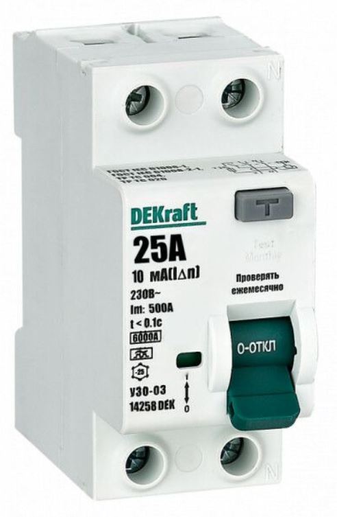 УЗО DEKraft 14258DEK ВДТ 2P 25А 10мА тип A 6кА