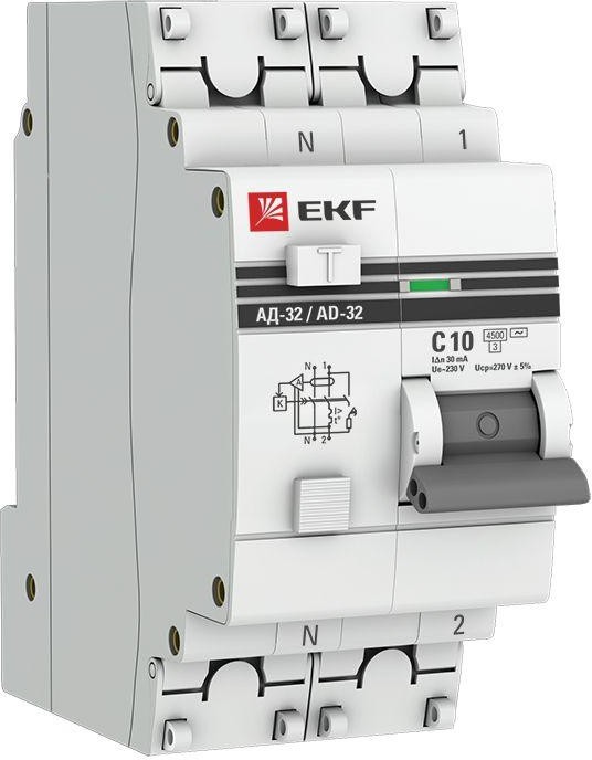 Автомат дифференциальный EKF DA32-10-30-pro 1п+N 2мод. C 10А 30мА тип AC 4.5kA АД-32 PROxima