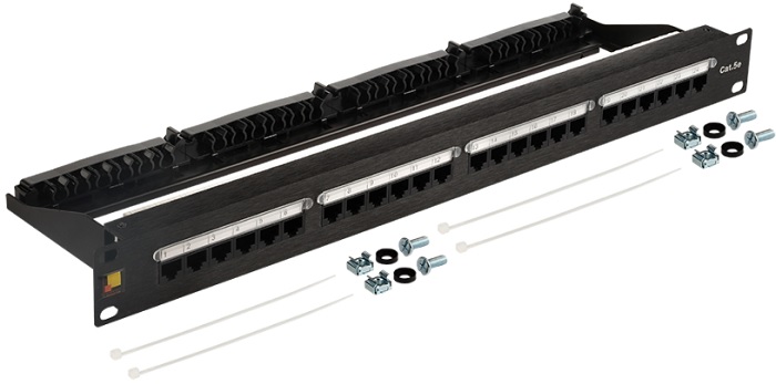 Патч-панель Lanmaster LAN-PPN24U5E 19, 24 порта RJ45, неэкранированная, кат.5E, 1U, с задним органайзером с фиксаторами кабеля