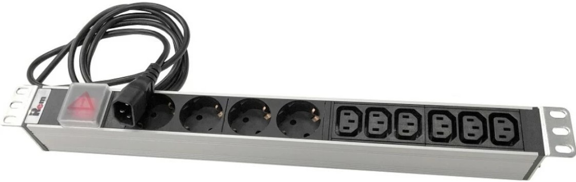 Блок розеток 19, 10 розеток ЦМО R-10-4S-6C13-V-440-1.8 Rem-10 с выкл., 4 Sсhuko, 6 IEC 60320 C13, 10 A, алюм., шнур 1,8 м. IEC 60320 C14