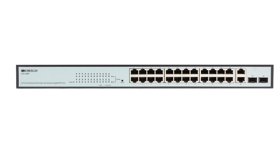 Коммутатор настраиваемый ORIGO OS1326P/280W/A1A 24x100Base-TX PoE, 2xCombo 1000Base-T/SFP, PoE Budget 280W, 19 w/brackets