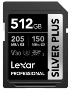 Карта памяти SDXC 512GB Lexar LSDSIPL512G-BNNNG Professional SILVER PLUS UHS-I U3 V30 C10, 205/150MB/s