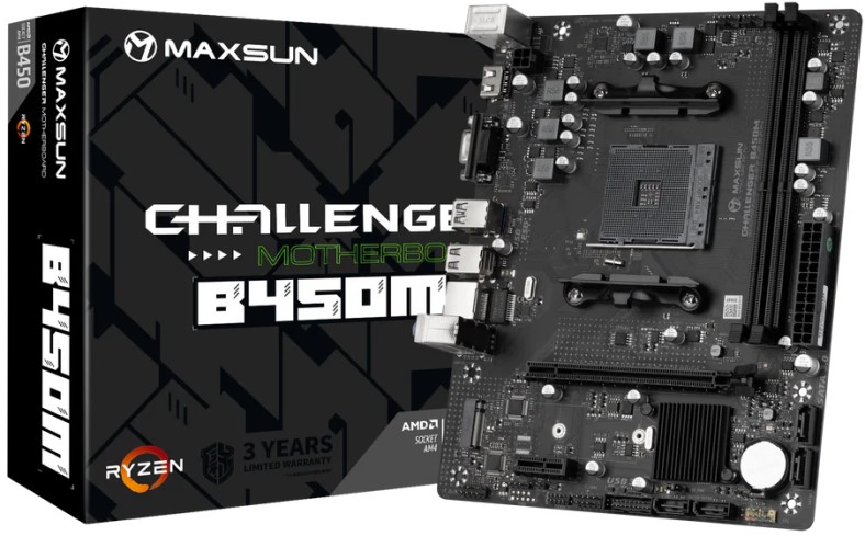 Материнская плата mATX MAXSUN MS-Challenger B450M (AM4, AMD B450, 2*DDR4, 4*SATA 3.0, M.2, USB 3.2, USB 2.0, PCIe, HDMI, VGA)