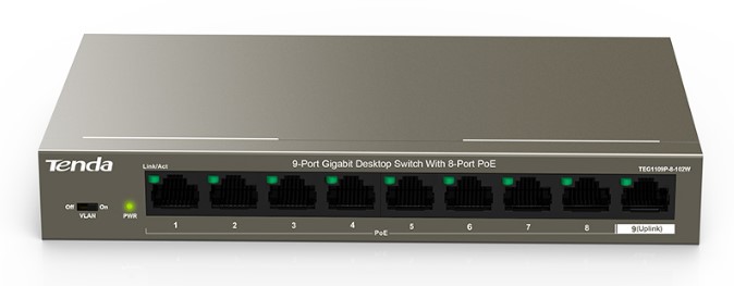 Коммутатор неуправляемый Tenda TEG1109P-8-102W 9-портовый гигабитный настольный, с 8-портовым PoE
