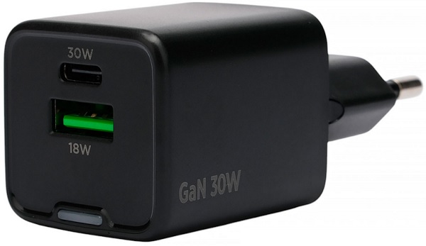 Зарядное устройство сетевое Cablexpert MP3A-PC-64 Зарядное устройство Cablexpert 30Вт GaN, 3А, QC4.0/PD, 1xUSB, 1xType-C, черный, пакет