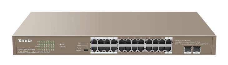 Коммутатор неуправляемый Tenda TEG1126P-24-410W гигабитный PoE, 24 порта, 2 SFP порта, 410Вт