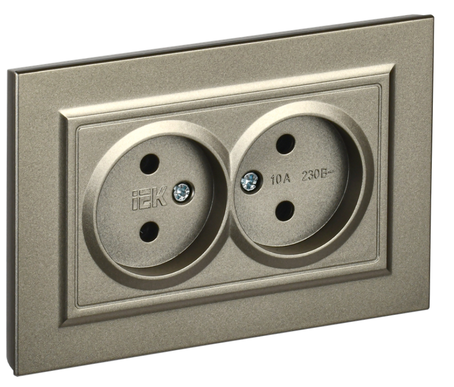 Розетка двухместная без заземления в сборе IEK BR-R20-10-K37-F BRITE без защитных шторок 10А РС12-2-БрШ Шампань