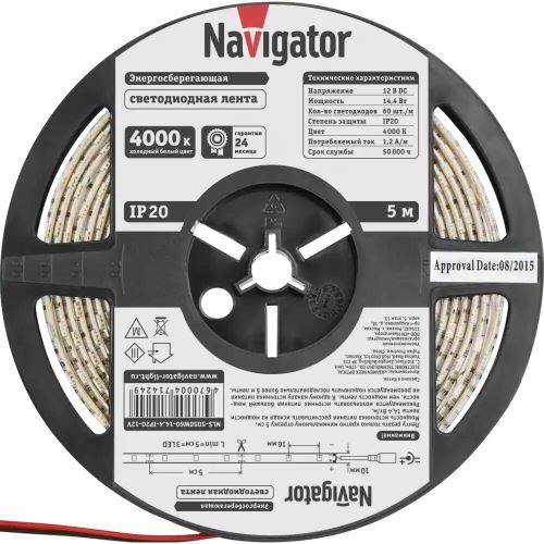 Лента светодиодная Navigator NLS-5050W60-14.4-IP20-12V 60LED/м, 14,4Вт, 12В DC, нарез. кр. 50мм, холодный белый 4000К, IP20, 5м. в ролле (71424)
