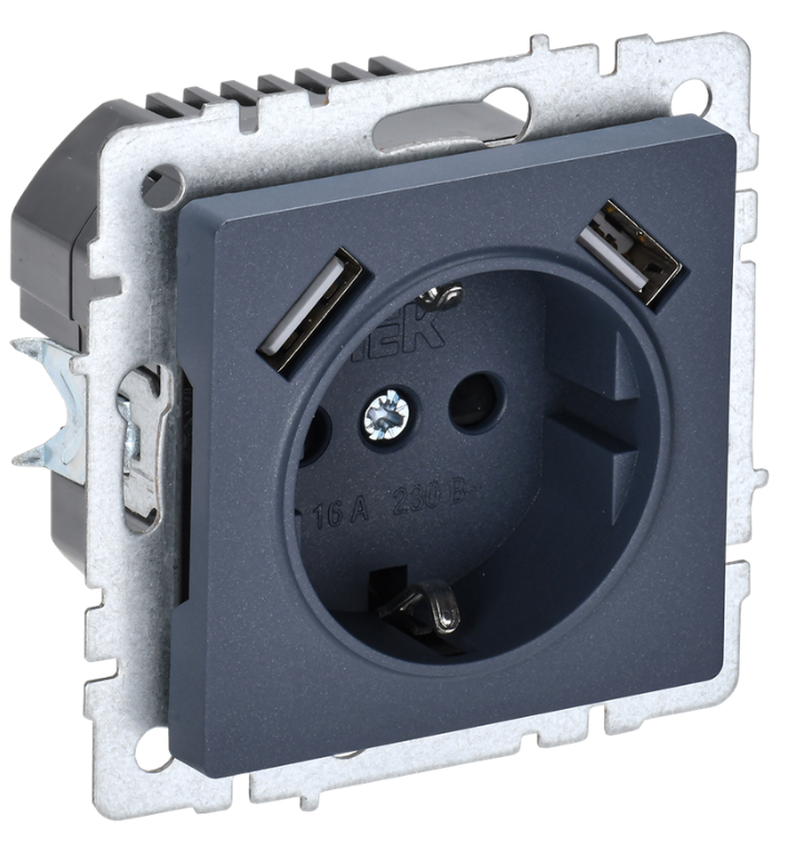 Розетка с заземлением IEK BR-R14-16-U21-D21-K35 BRITE с защитными шторками 16А с USB A+A 2,1А РЮш10-1-БрМ Маренго