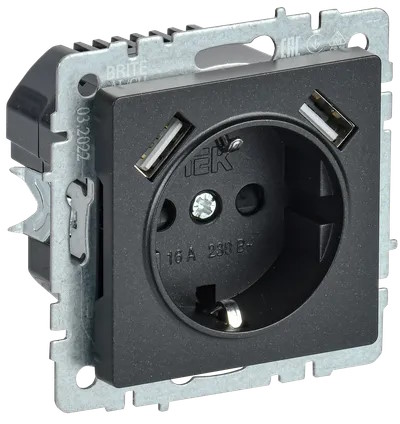 Розетка IEK BR-R14-16-U21-D21-K02 BRITE РЮш10-1-БрЧ 16А с USB A+A 2.1А с заземл. защ. шторки черная