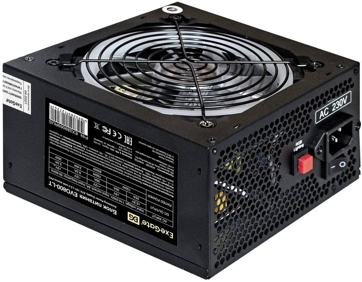 Блок питания ATX Exegate EVO800-LT EX289069RUS 800W, APFC, 140mm RGB fan