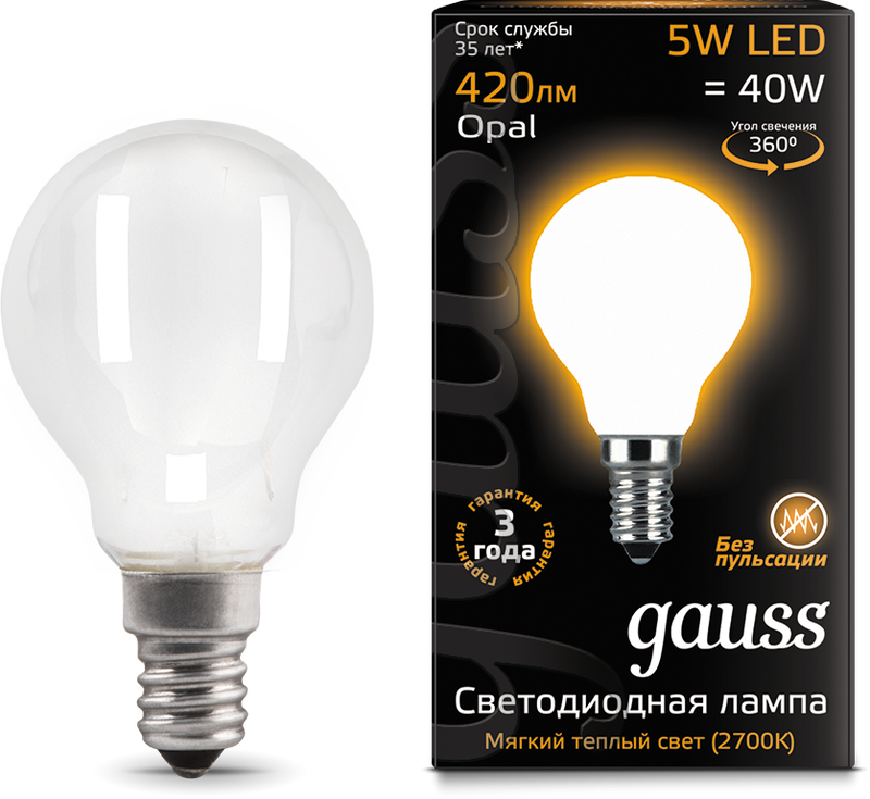 Лампа светодиодная Gauss 105201105 LED Filament Шар OPAL E14 5W 420lm 2700K