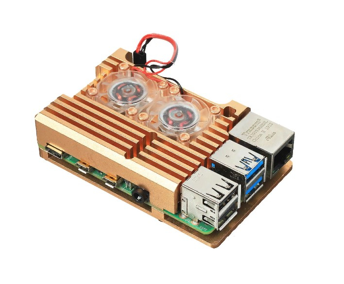  Корпус ACD RA504 Metal Aluminum Case with Double Fans for Raspberry Pi 4B, Gold
