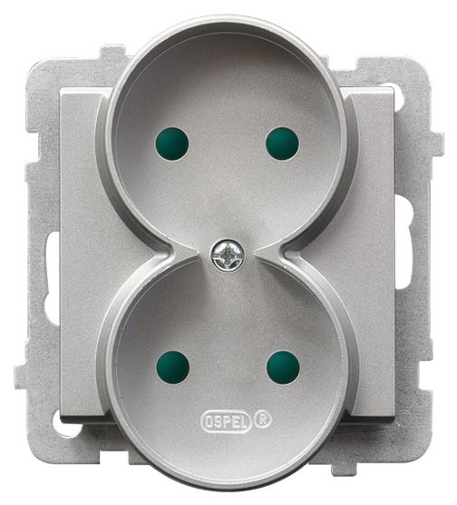 Розетка Ospel GP-2RRP/m/38 двойная, с защитными шторками, 16A, 250V, 3520W, IP-20, клеммы винтовые, серебро матовое