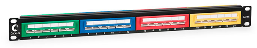 Патч-панель Cabeus PLCOL-24-Cat.5e-Dual IDC  19 (1U), 24 портов RJ-45, категория 5e, Dual IDC, цветная панель, угол портов 45 градусов
