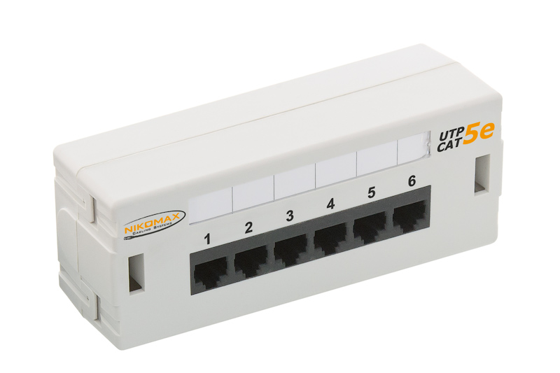 Патч-панель NikoMax NMC-WP06UD2-GY настенная, 6 портов, Кат.5е, RJ45/8P8C, 110, T568A/B, неэкранированная, светло-серая
