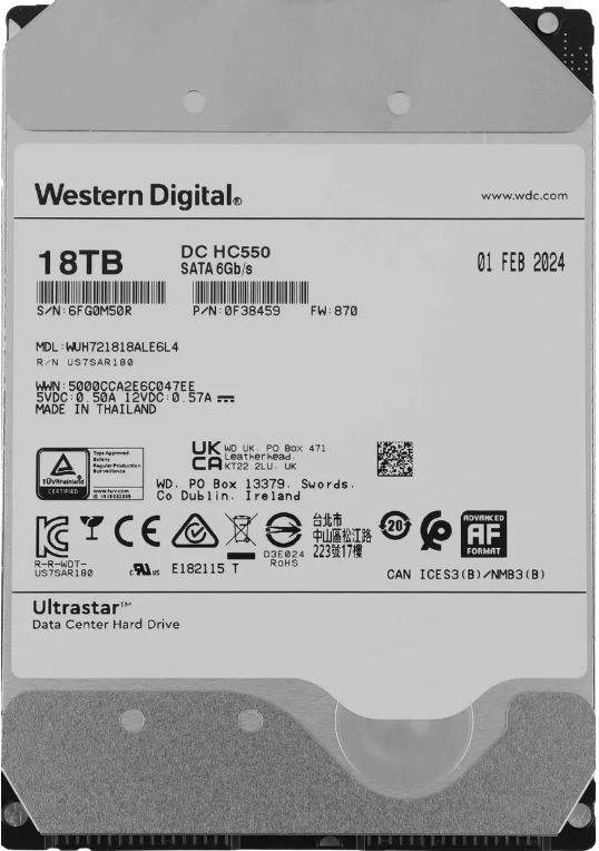 Жесткий диск 18TB SATA 6Gb/s Western Digital WUH721818ALE6L4 0F38467 Server Ultrastar DC HC550 3.5 7200rpm 512MB