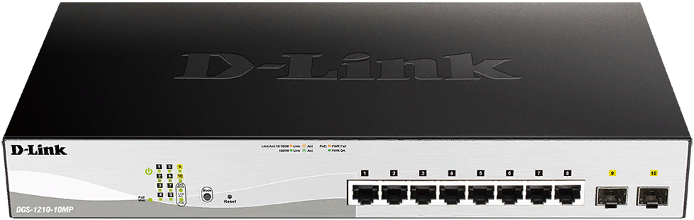 Коммутатор D-link DGS-1210-10MP/F3A 8xUTP 100/1000 PoE+, 2xSFP Gigabit, 130Wt, 19