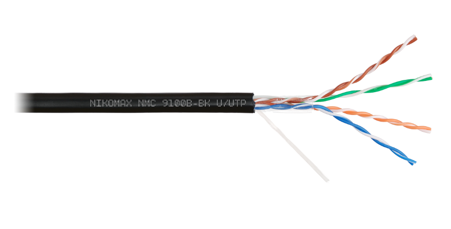 Кабель витая пара U/UTP 5e кат. 4 пары NIKOMAX NMC 9100B-BK 24AWG(0.52 мм), медь, одножильный (solid), внешний, PE, чёрный, уп/305м