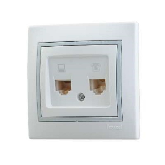 Розетка Lezard 701-0215-143 Mira компьютерная + телефонная 2-м СП RJ45 + RJ11 IP20 с сер. вставкой бел.
