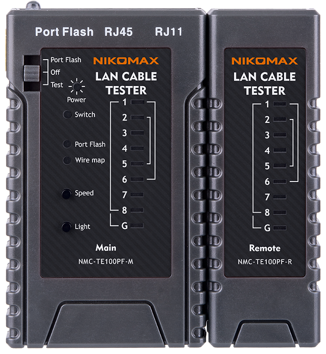 Анализаторы, тестеры LAN Кабельный тестер NikoMax NMC-TE100PF UTP/STP, RJ45, RJ12, RJ11, с функцией PortFlash и LED фонарём