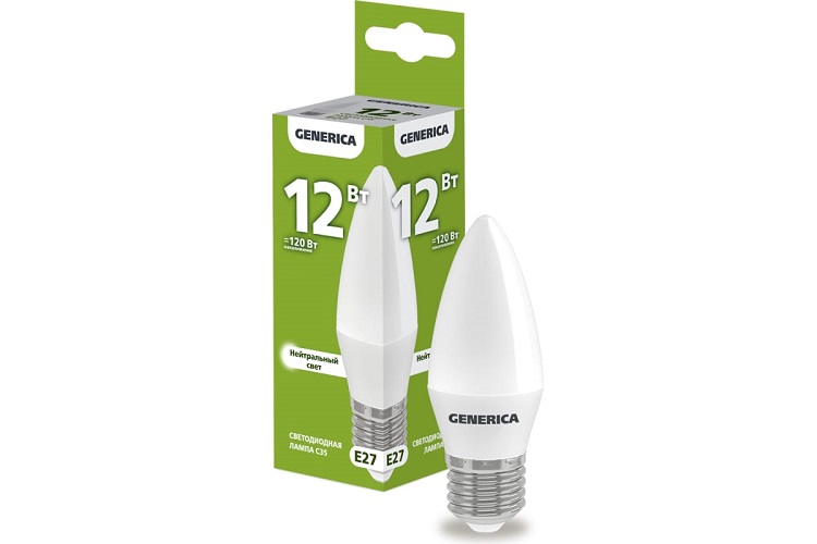 Лампа светодиодная GENERICA LL-C35-12-230-40-E27-G C35 12Вт свеча 4000К E27 230В