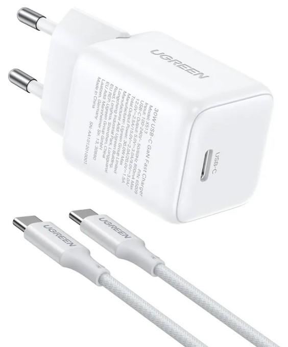 Зарядное устройство сетевое UGREEN X513 65013_ 30W USB-C GaN Fast Charger с кабелем USB-C-USB-C. Длина: 1м. цвет: белый