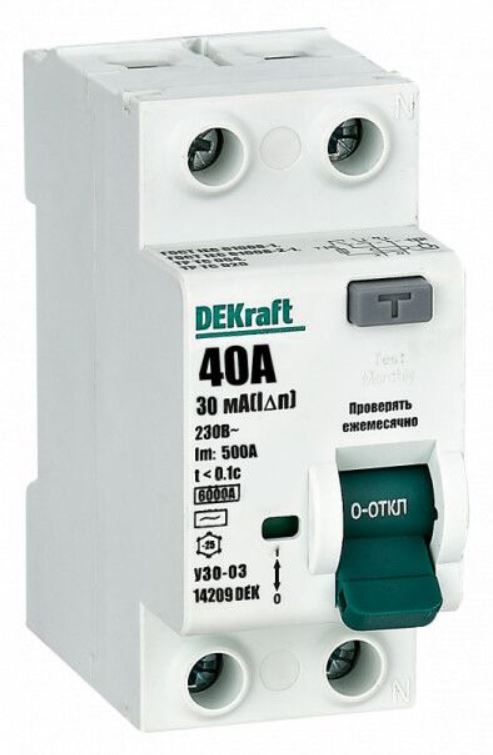 УЗО DEKraft 14209DEK ВДТ 2P 40А 30мА тип AC 6кА