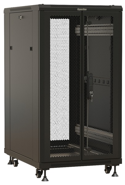 Шкаф напольный 19, 18U Hyperline TTBR-1868-DD-RAL9004 коммутационный 600x800мм пер.дв.перфор.2ств. задн.дв.перфор.2-хст. 800кг черный IP20 сталь
