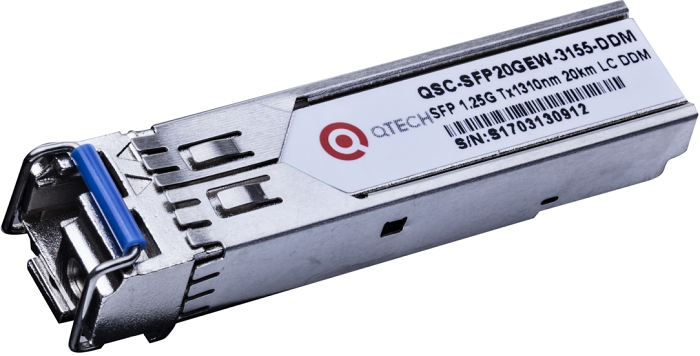 Трансивер QTECH QSC-SFP20GEW-5531-DDM-I 20км, 1,25Гбит/с, Tx=1550/Rx=1310нм, LC, DFB, SM, DDM, индустриальный